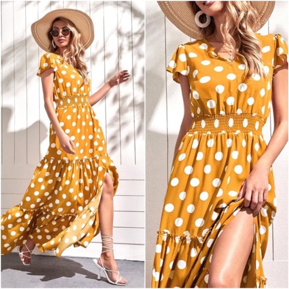 Boho Dusty PInk  Polka Dot V neck Ruffle Maxi Dress - Picture 4 of 9